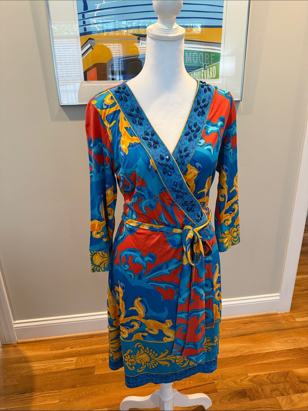 Hale Bob Blue Red Yellow Wrap Dress with Embellished Trim